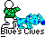 Pixel art of a figure in green shirt and white pants holding a blue dog, with 'Blues Clues' text below; the dog's ears shift position between frames.