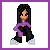 Pixel art of a character with long black hair, blue eyes, and dark clothing holding a purple scarf, transitioning to a star-shaped overlay with text.