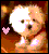 Pixelated cartoon dog with white fur and brown eyes, wearing a red collar, holding pink heart-shaped object against warm-toned background.
