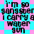 Pixelated text repeats 'I'm so gangster I carry a water gun' across cyan and pink background in static pattern
