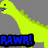Pixelated yellow dinosaur with open mouth and spiky back, gray background, three variations of 'RAWR!' text in blue, green, cyan.