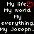 Black background with white pixelated text reading 'My life. My world. My everything. My Joseph.' and a red heart symbol replacing the period after 'life' in one instance.
