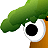 Pixelated green and brown abstract shape with a large black circular eye on a gray background.