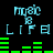 Pixelated cyan text 'Music' and 'LIFE' with green audio bars on black background, animated green bars shift horizontally across two
