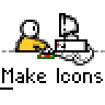 Animated contact sheet showing a pixel art character creating icons in a retro graphics editor with repeated text and frame-by-frame animation changes.