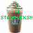 Pixelated image of a Starbucks drink with green text overlay reading 'I ❤️ STARBUCKS!!' and a circular logo on the cup.