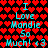 Pixelated text reads "I Love Mandie So Much! +3" over a repeating red heart pattern on black background, with cyan lettering and no visible motion changes.