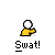 Pixelated animation of a yellow-shirted figure with white head and red splatters on a gray background, text "Swat!" below.