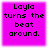 Four identical square display the text "Layla turns the beat around." on a bright magenta background with black pixelated font