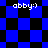 Blue and black checkered pattern with white text 'abby:)' repeated across four quadrants, transitioning from square to diamond