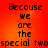 A static image with orange gradient background displaying pixelated text in four identical quadrants, each reading "Because we are the special twospecial two".