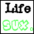 Pixelated text 'Life' in black above green pixelated text 'BUT.' with a heart symbol replacing the period, all on white background.