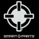 Static black-and-white pixelated icon featuring a crosshair symbol with concentric rings and the text "SMART PARTS" below it on a solid black background.