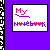 A purple square with a black border contains 'My Notebook' text in pink and blue pixelated letters, surrounded by multiple instances of 'I Love?' text on lined paper background.