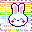 Pixelated bunny icon with red cross eyes, blue outline, and rainbow striped background in a