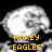 Pixelated grayscale image of a human skull with yellow text reading HOKEY EAGLES overlaid on the lower portion.