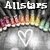 Pixelated icon with 'Allstars' text above a colorful gradient shape and a white heart outline on a gray background.