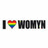 Static pixel art displays 'I' followed by a rainbow heart symbol and the word 'WOMYN' in blocky black letters on white background.