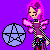 Pixel art icon of a character with pink hair holding a blue sphere on purple background.