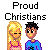 Pixel art image with text "Proud Christians" above two pixelated figures, one blonde female in pink and one dark-haired male in blue.