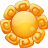 Pixelated sun icon with a central yellow-orange sphere surrounded by eight spiral-shaped orange petals on a gray background.
