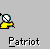 Pixelated icon shows yellow-shirted figure holding American flag, with text "Patriot" below; animation cycles through flag positions and partial flag visibility.