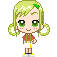 Pixel art character with light green hair in pigtails, green eyes, red top, white skirt, and yellow shoes, shown in multiple expressions and poses.