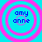 Four identical circular icons with pink concentric rings on a cyan background, each containing blue pixelated text reading 'amy anne'.