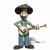 Animated character in green shirt and blue overalls plays banjo with dark hat, standing on white background.