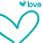 Teal heart outline with small heart above and 'love' text, transitioning to solid teal heart shape.
