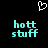 Pixelated cyan text 'hott stuff' appears twice on a black background beneath a white pixel-art heart symbol.