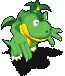Green dragon with yellow underbelly and white claws, blue eyes, small wings, standing on black shadow against gray background.