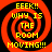 Four identical pixelated spiral with red and black swirls, yellow text reading "EEK! WHY IS THE ROOM MOVING!!!" on each