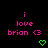 Pixelated text reads 'i love brion <3' in pink on black background with green heart symbols below.