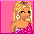 Pixelated character in pink dress with one-shoulder design, holding teal handbag and wearing hoop earrings against solid pink background.