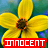 Two side-by-side animated frames of a yellow flower icon with red text banners showing different font styles for the word "INNOCENT" against a blurred green and blue background.