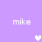 Purple background with four 'mike' text labels and three heart symbols in white pixel art style.
