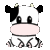 Pixelated cow icon with black and white patches, pink nose, small horns, four legs, seated pose on gray background.