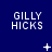Blue background with white pixelated text 'GILLY HICKS' repeated across three , animated white symbols changing in sequence