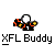 Pixel art buddy icon with white head, black body, orange-yellow arms holding a ballerina pose across showing motion and static states