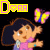 Pixelated animated buddy icon featuring Dora the Explorer character with butterfly prop, two frames showing slight pose variation and color-coded text boxes.