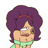 Pixelated cartoon character with purple curly hair, red headband, green scarf, and gold hoop earring, winking with tongue out.