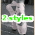 Two grayscale images of a person in a pose with green '2 styles' text, one grayscale image of a person with purple '1 love' text, and a blank gray