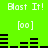 Green background with repeated white text 'Blast It!', pixelated eyes, and black horizontal bars forming a pattern.