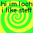 Green and yellow spiral background with repeated text "hi im loch i like steff" in black pixelated font across four quadrants.