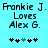 Pixelated text on cyan background reads "Frankie J. Frankie J. Loves Alex G." with two of five asterisks below, one showing a light blue heart in the third position