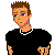 Pixel art cartoon character in black shirt and light pants shown in multiple poses with visible torso, legs, and head.