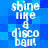 Pixelated blue background with white text repeating 'shine like a disco ball!' in vertical alignment across two