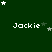 Dark green background with white pixelated text 'Jackie' repeated across the , surrounded by small white and gray stars in various positions