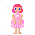 Pixel art of a pink-haired figure in a pink dress with white trim, standing against gray background holding hearts and stars.